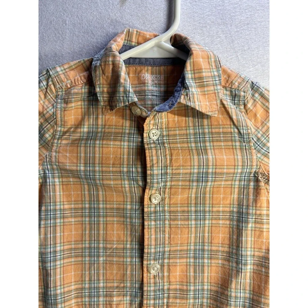 OshKosh B'gosh Boys 18M Orange Plaid Long Sleeve Cotton Button Bodysuit
